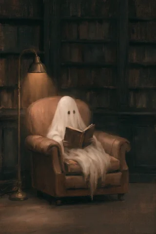 Sheet Ghost Reading in Old Library — Nano Banana 2 AI Prompt: oil painting of a tiny sheet ghost sitting in a worn leather armchair inside a s...