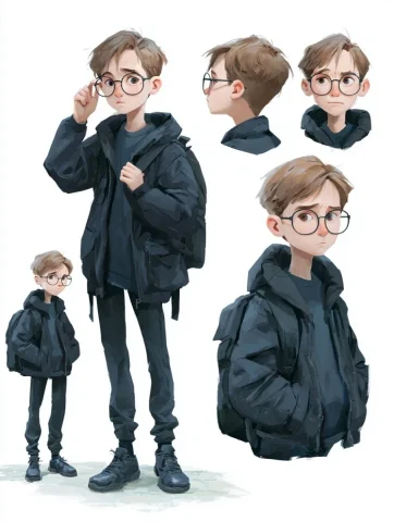 Bespectacled Schoolboy Character Sheet — Nano Banana 2 AI Prompt: 11-12 year old boy, slim and slightly awkward build, large round glasses slightl...