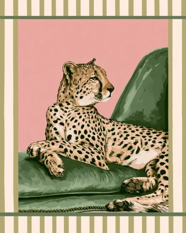 Cheetah Lounging on Velvet Chaise — Nano Banana 2 AI Prompt: a whimsical illustration features a cheetah reclining on a green velvet chaise l...