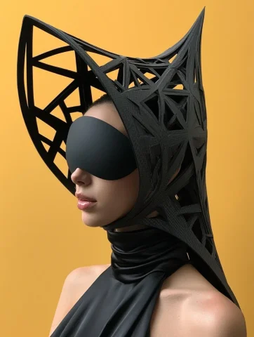 Matte Black Futuristic Headpiece — Nano Banana 2 AI Prompt: Hyper-realistic avant-garde futuristic headpiece, matte monolithic design. Headp...