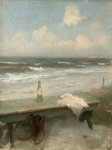 Beach Bench With Cowboy Boots Painting — Nano Banana 2 AI Prompt: a bench on the beach with a beautiful scenery of ocean waves crahsing on the sho...
