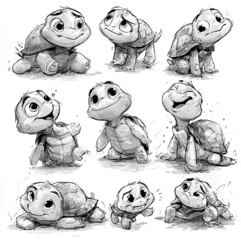 Turtle Character Sheet Sketches — Nano Banana 2 AI Prompt: 12 character sheet turtles in an animation style sketch. Show the turtles in dif...