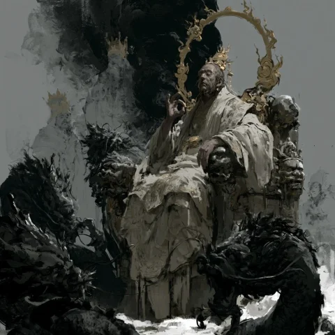 Daoist Celestial Emperor on Golden Throne — Nano Banana 2 AI Prompt: Eastern mythological emperor deity seated on ornate divine throne, layered white...
