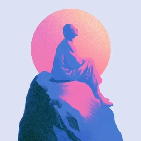 Cliff Edge Figure With Glowing Orb — Nano Banana 2 AI Prompt: minimalist illustration of person sitting on the edge of a cliff, facing forward...
