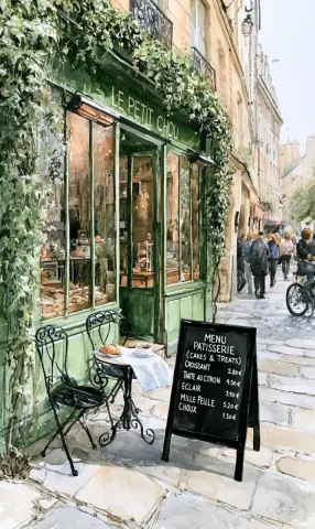 Parisian Patisserie Watercolor Scene — Nano Banana 2 AI Prompt: a watercolor painting of a parisian street scene with a charming patisserie and...