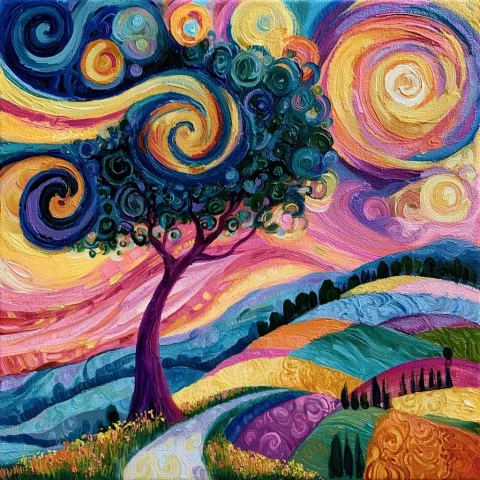 Klimt Inspired Swirling Tree Landscape — Nano Banana 2 AI Prompt: swirling tree, impressionist painting, colorful landscape, gustav klimt inspired...
