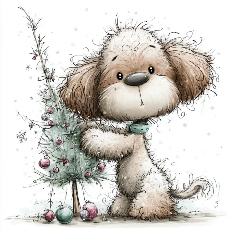 Cockapoo Climbing Christmas Tree Clipart — Nano Banana 2 AI Prompt: A realistic shot of a clumsy all ginger cockapoo attempting to climb a small dec...