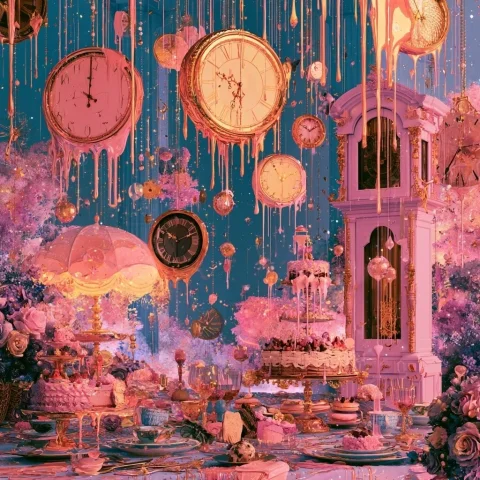 Melting Clocks Desert Dreamscape — Nano Banana 2 AI Prompt: an old fashioned grandfather clock, a digital clock and many other time pieces r...