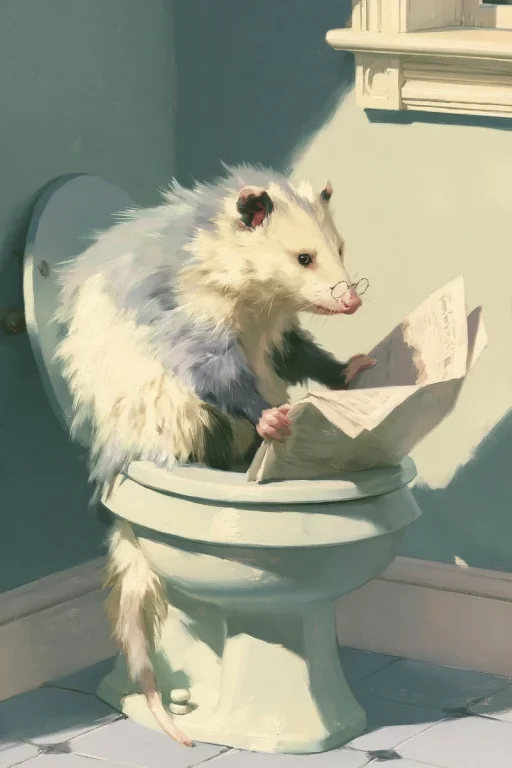 Opossum Reading Newspaper on Toilet