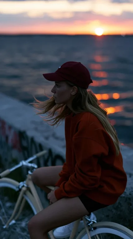 Cyclist Girl at Graffiti Pier Sunset