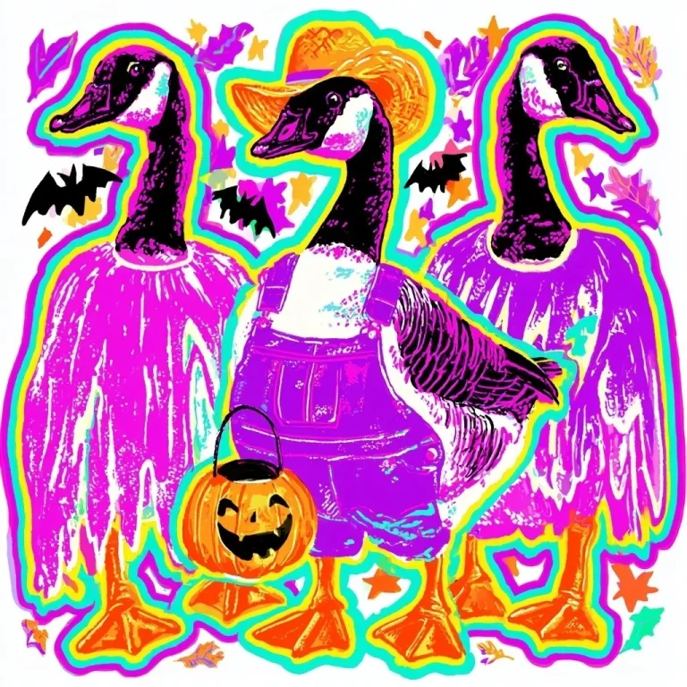 Three Geese In Neon Halloween Costumes