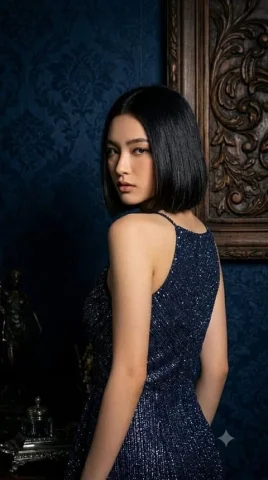 Elegant woman in glittery navy dress — Nano Banana 2 AI Prompt: A vertical, over-the-shoulder portrait of a young woman with a classic black bob...