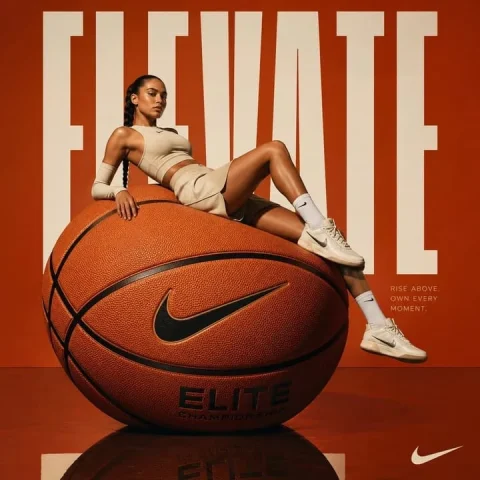 Avant-Garde Sportswear Editorial — Nano Banana 2 AI Prompt: Avant-garde sportswear editorial ad, an oversized basketball treated as a sculpt...