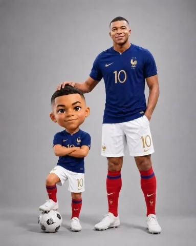 Professional Football Player and Chibi Portrait — Nano Banana 2 AI Prompt: Full-body studio portrait of a professional male football player standing beside...