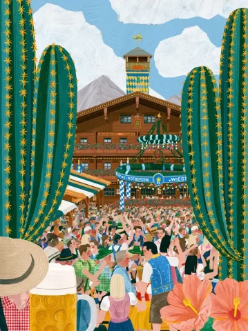 Oktoberfest Party Between Giant Cacti — Nano Banana 2 AI Prompt: two large cactus on the sides, in the background wooden austrian alpine hut; big...
