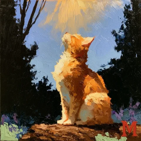 Impasto Orange Cat Basking on Log — Nano Banana 2 AI Prompt: in an impasto oil painting, an orange cat with a pale belly is depicted in profi...