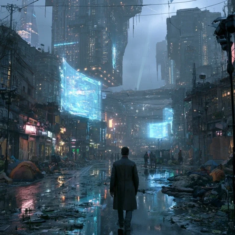 Rainy Walk Through Dystopian City