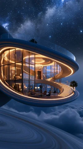 Golden Villa Above Saturn's Rings — Nano Banana 2 AI Prompt: An ultra luxurious futuristic space villa floating above Saturn’s rings at night...