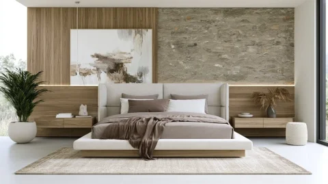 Australian Luxury Timber Bedroom — Nano Banana 2 AI Prompt: Australian-made luxury bedroom collection, boutique resort sanctuary aesthetic,...