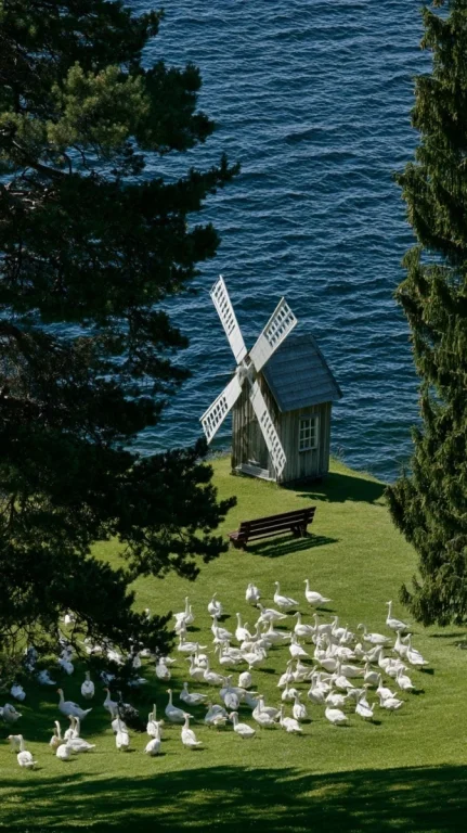 Lakeside Windmill Cabin With Snow Geese