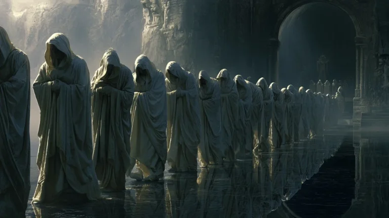 White-Cloaked Procession On Mirror Sea