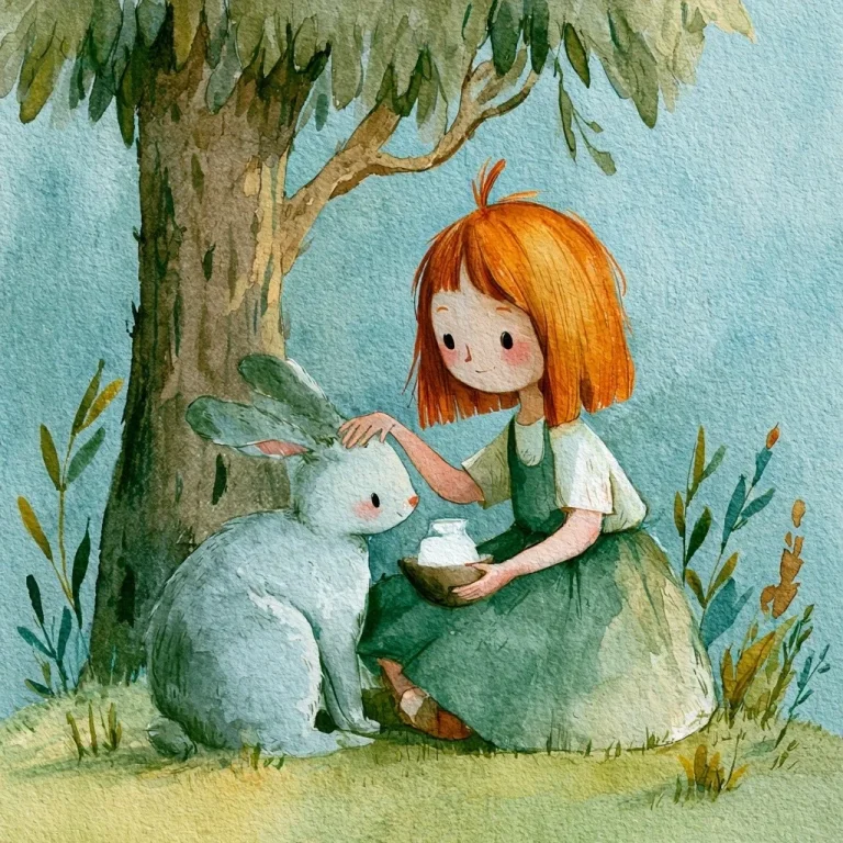 Girl Feeding Rabbit Storybook Scene