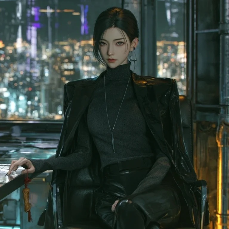 Anime Woman in Night City Office
