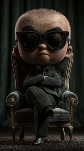 Dapper Baby Boss in Tailored Suit — Nano Banana 2 AI Prompt: 3D-style baby wearing a sharp tailored suit, sitting confidently in an elegant c...