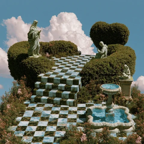 Checkerboard Path With Phone Statues — Nano Banana 2 AI Prompt: floating path made of black and white checker tiles with heart shaped hedges aro...