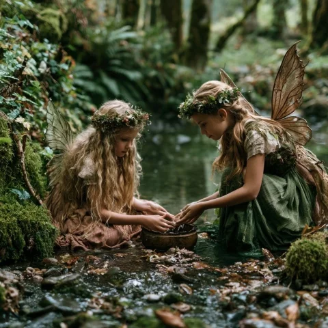 Forest Fairies Gathering Stream Water — Nano Banana 2 AI Prompt: whimsical fairies near a stream in a lush forest collecting water to care for th...