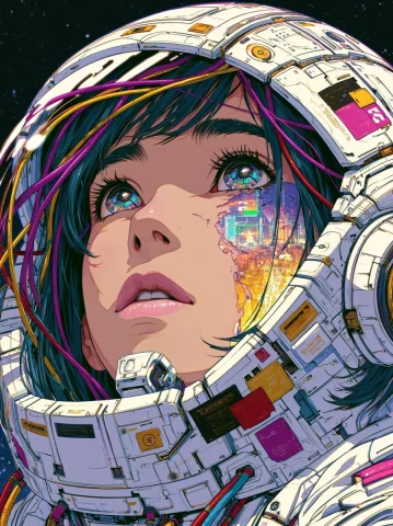 Anime Astronaut Girl With Neon City Eyes — Nano Banana 2 AI Prompt: Medium low angle full portrait of a beautiful anime girl astronaut looking upwar...