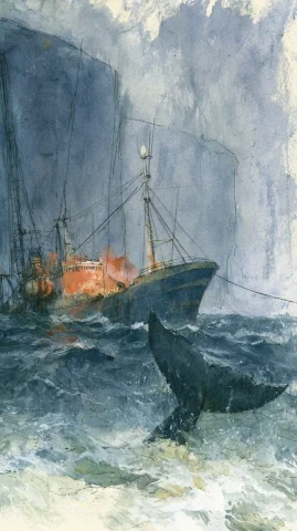 Whale Tail Rising by Icelandic Trawler — Nano Banana 2 AI Prompt: A graphic novel illustration, high action scene of a modern industrial fishing s...