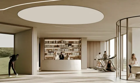 Modern Interior With Golf and Gym Zones — Nano Banana 2 AI Prompt: a wide shot of a contemporary interior space featuring multiple activity zones....