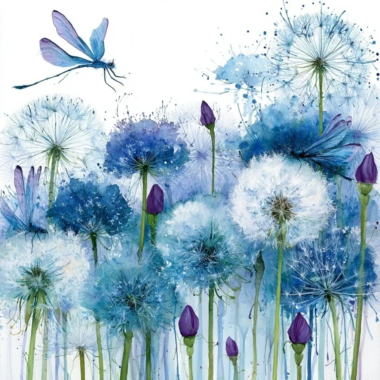 Blue Dandelions With Dragonflies