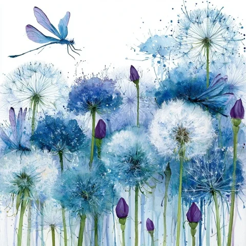 Blue Dandelions With Dragonflies — Nano Banana 2 AI Prompt: this is a vibrant watercolor artwork showcasing a dense arrangement of dandelion...