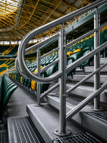 Soccer Stadium Handrail 3D Mockup — Nano Banana 2 AI Prompt: A realistic 3D mockup of stadium handrails installed inside a modern soccer stad...