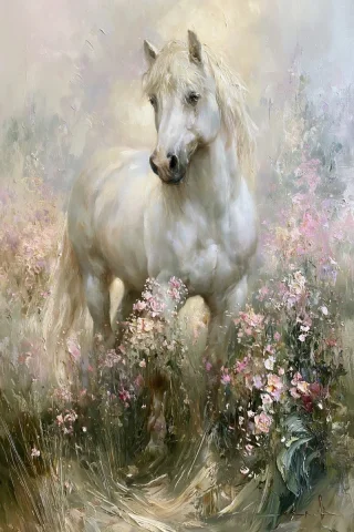 White Horse in Pastel Blossom Field — Nano Banana 2 AI Prompt: a white horse standing calmly in a vast field of soft pastel blossoms, body faci...