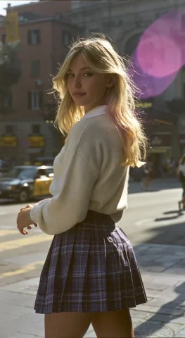 Candid Blonde Girl in Plaid Skirt — Nano Banana 2 AI Prompt: [High Resolution Candid Photo of Daily Life][Shot by iphone 14] A cute blond you...