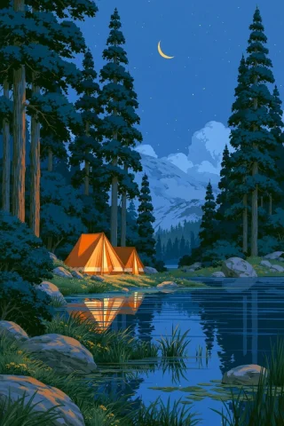 Hiroshi Nagai Night Campsite — Nano Banana 2 AI Prompt: Hiroshi Nagai style, 70's, 80's, painting, campsite next to a pond, aesthetic, a...