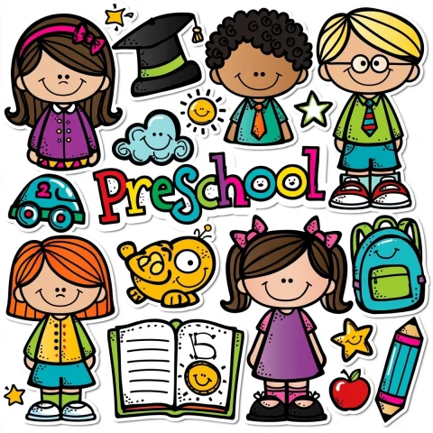 Preschool Clipart Sticker Set — Nano Banana 2 AI Prompt: preschool 4 clipart set sticker --chaos 35 --sref 8515038847 --stylize 50 --hd -...