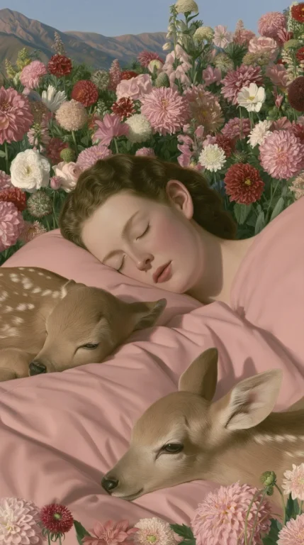 Sleeping Woman And Fawn Among Flowers
