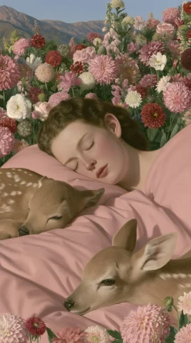 Sleeping Woman And Fawn Among Flowers — Nano Banana 2 AI Prompt: a highly detailed painted scene shows a sleeping woman and a fawn on pink beddin...