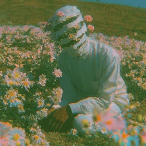Cracked Mask Blooming With Flowers — Nano Banana 2 AI Prompt: a lone figure kneeling in a blooming flower field, centered composition, wearing...