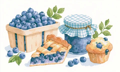 Blueberry Harvest Watercolor Spread — Nano Banana 2 AI Prompt: Painted watercolor style with no spatter or splatter, arrangement of a pint of b...