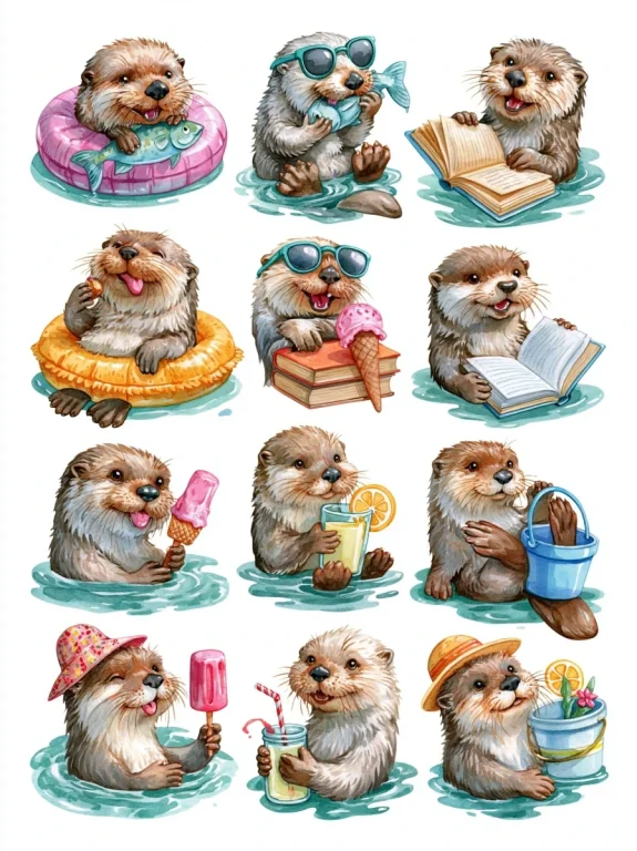 Twelve Whimsical Otters Watercolor Clipart