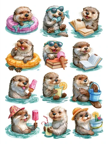 Twelve Whimsical Otters Watercolor Clipart — Nano Banana 2 AI Prompt: professional clipart sheet, 12 separate whimsical otter illustrations arranged i...