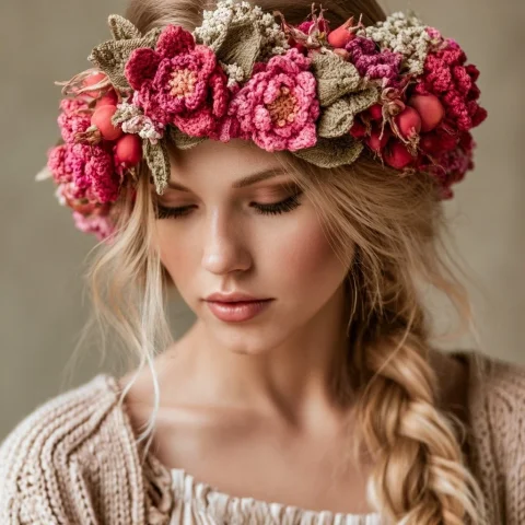 Boho Crochet Floral Headband Portrait — Nano Banana 2 AI Prompt: A boho-style crocheted floral headband. The texture of the crocheted flowers is...