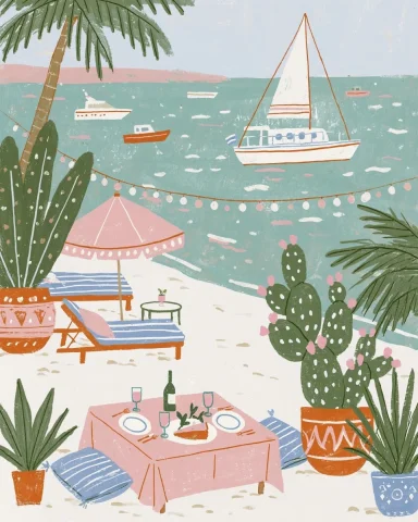 Greek Coast Summer Party Invitation — Nano Banana 2 AI Prompt: Watercolor illustration depicting an invitation to a summer party on the coast o...