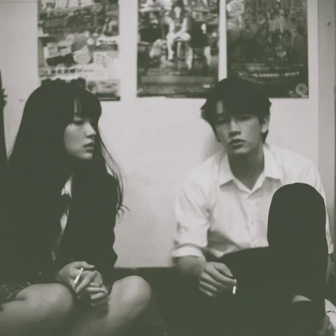 Moody High School Couple Portrait — Nano Banana 2 AI Prompt: a desaturated, eye level medium shot features a young east asian couple sitting...