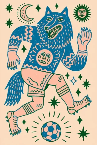 Wolf Scoring Overhead Kick Goal — Nano Banana 2 AI Prompt: hand drawn illustration of A wolf in a soccer jersey scores a goal with a overhe...
